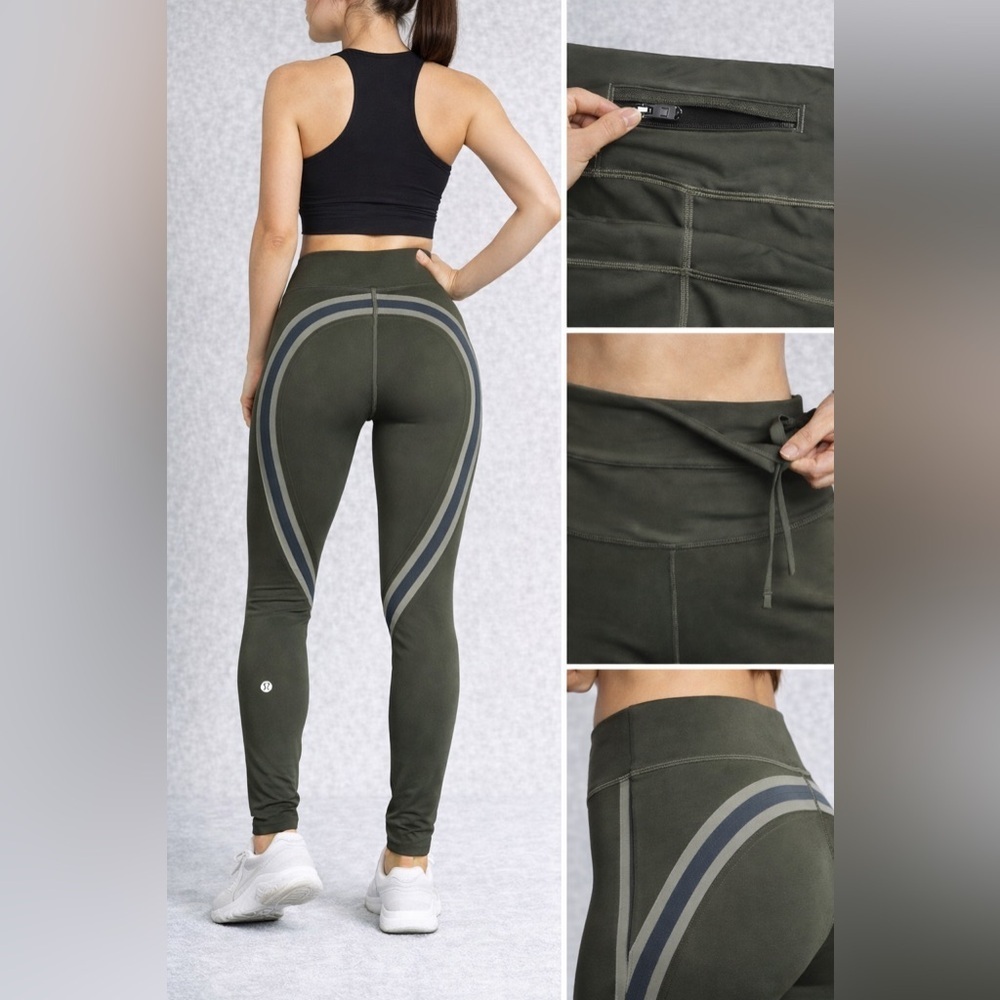 Lululemon High Rise Olive Leggings Size 4 | Sculpting Back Seam & Zip Pocket